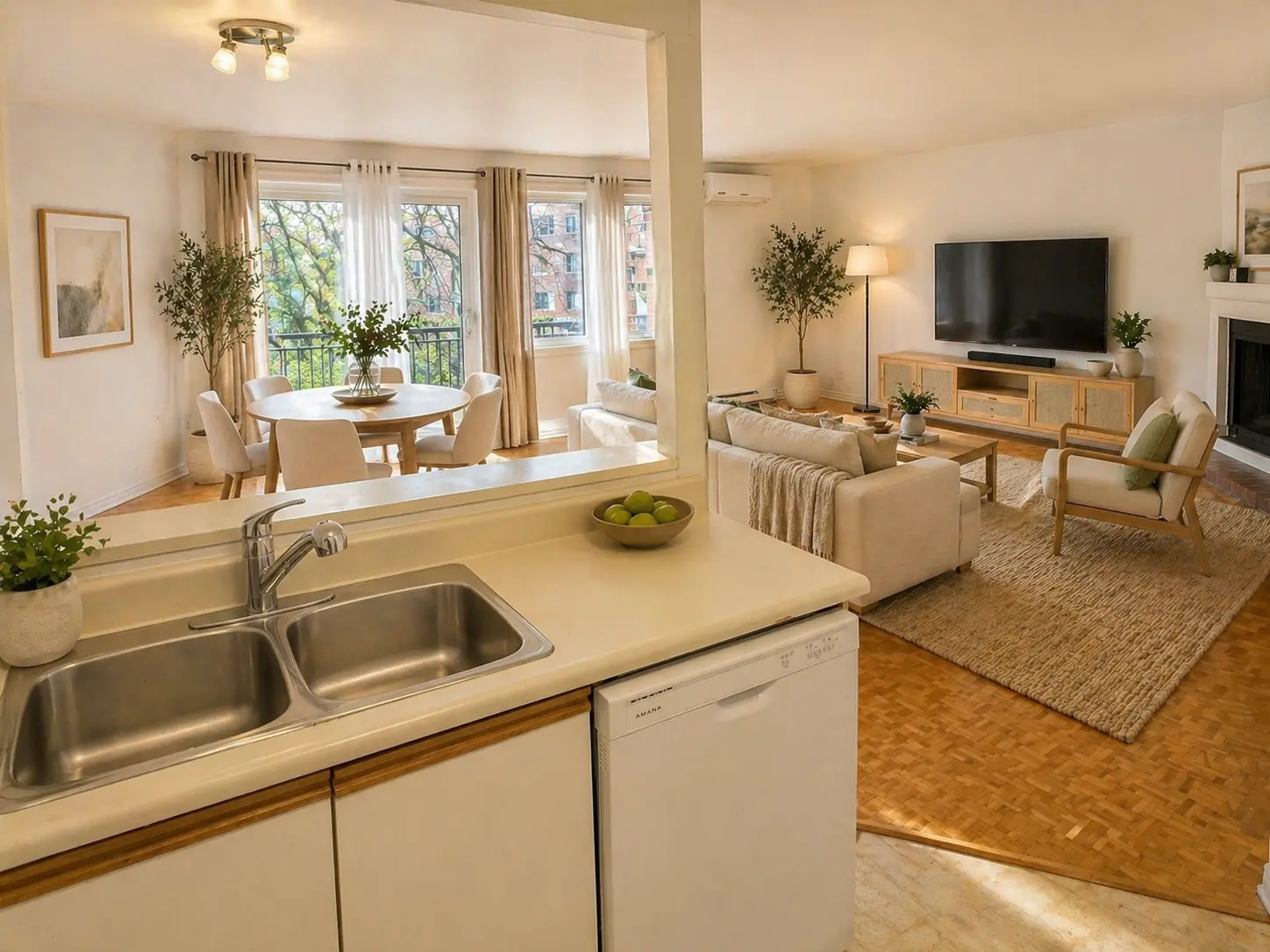 Kitchen view toward open-concept living room at 1490 Saint-Jacques